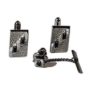 Vintage Swank Chevron 5 Black Stones Silver Tone Cufflinks Tie Tack Whale Back